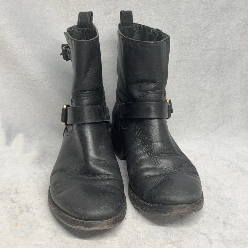 Tory Burch Boots Womens Size 8.5 Black Leather Ankle Biker Buckle Booties